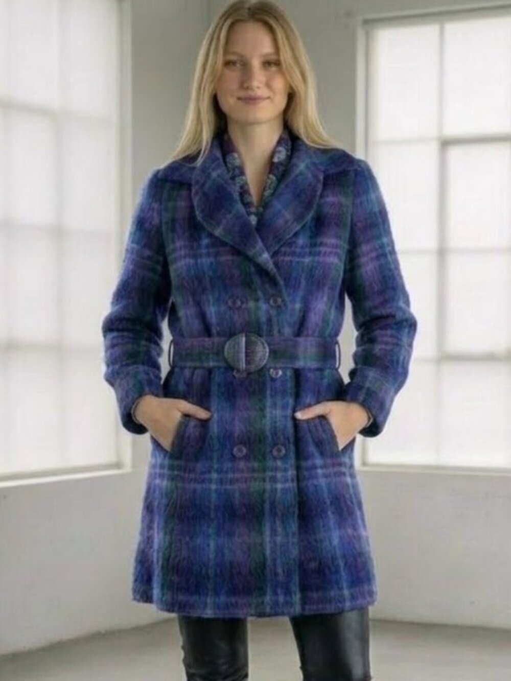 D'Allairds Mohair Wool Blue Purple Belted Vintage Coat Jacket Tartan Women's 10